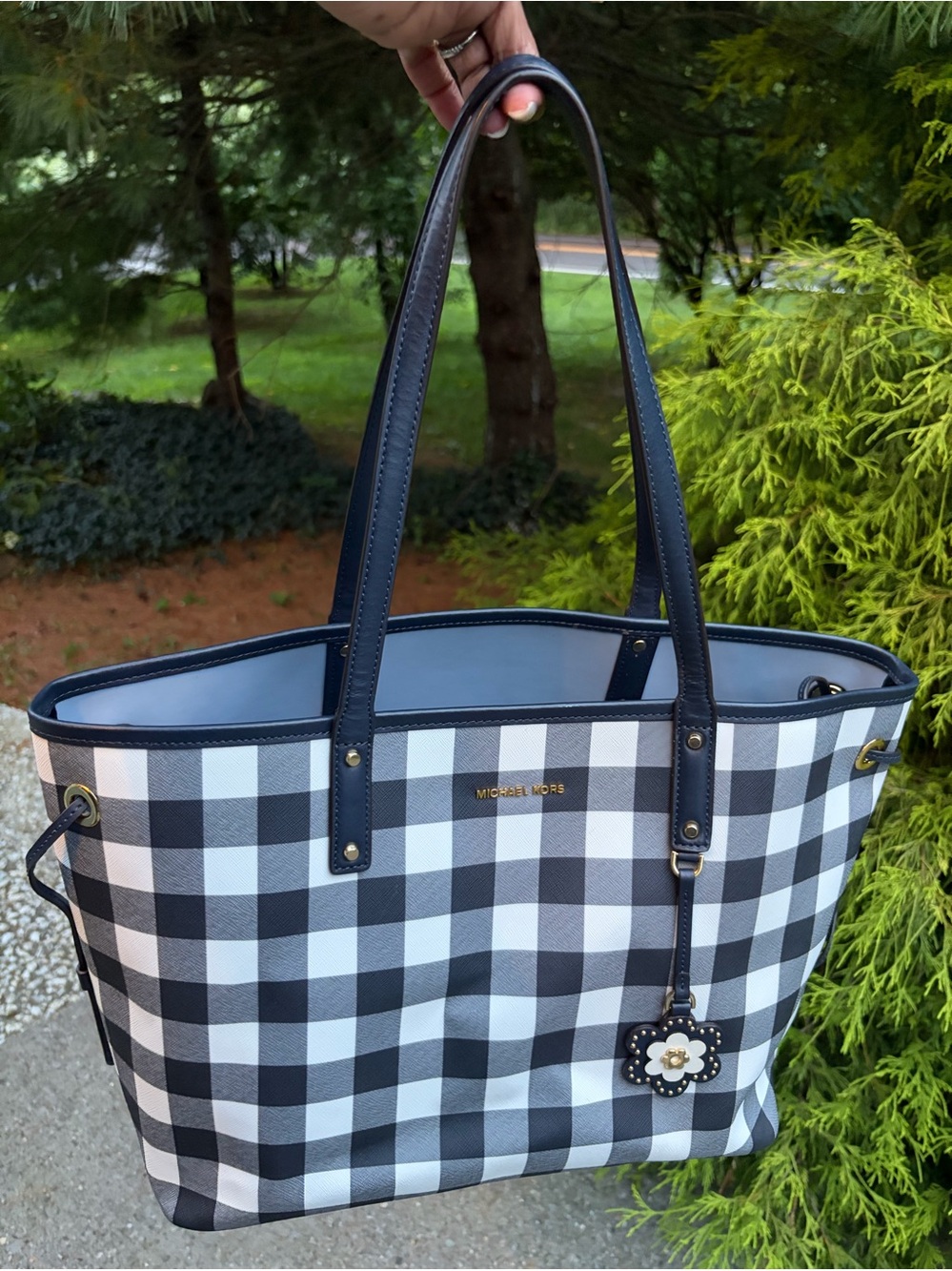 Michael Kors Gingham Check Large Tote Bag Navy & White Floral Charm 🦋